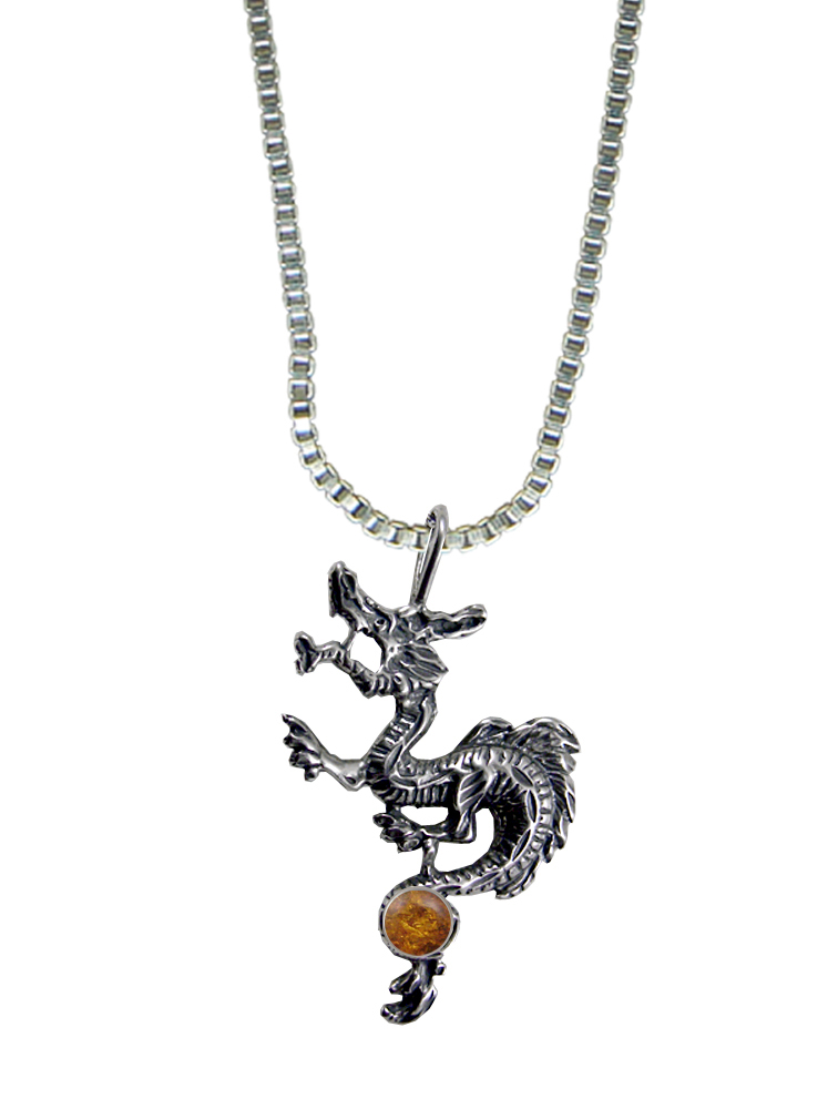 Sterling Silver Eastern Dragon Pendant With Amber
